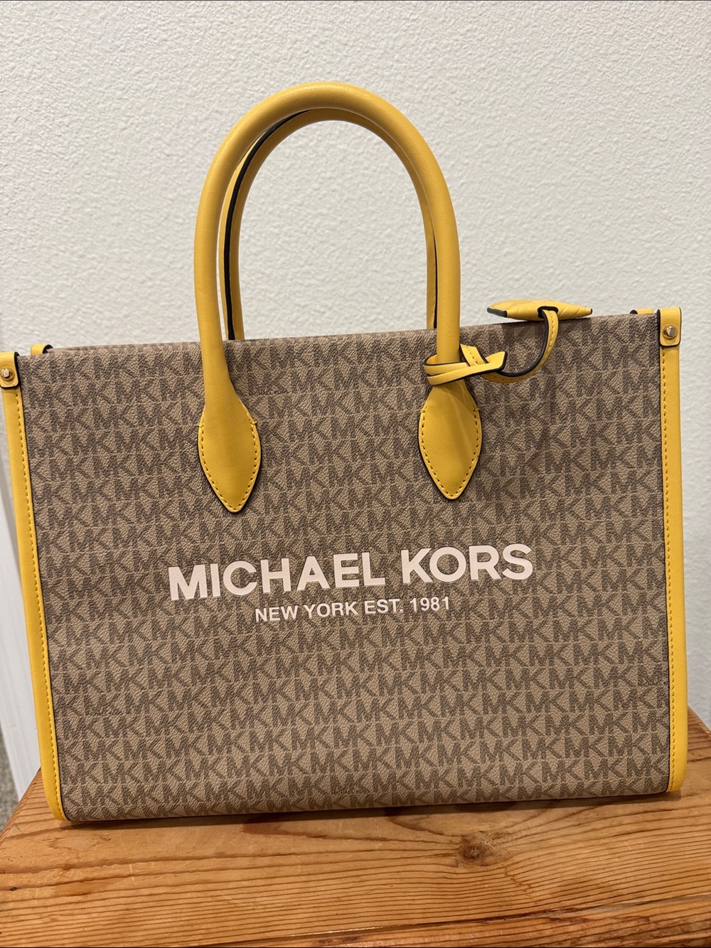 Michael Kors Brown MK Logo Tote with Yellow Trim